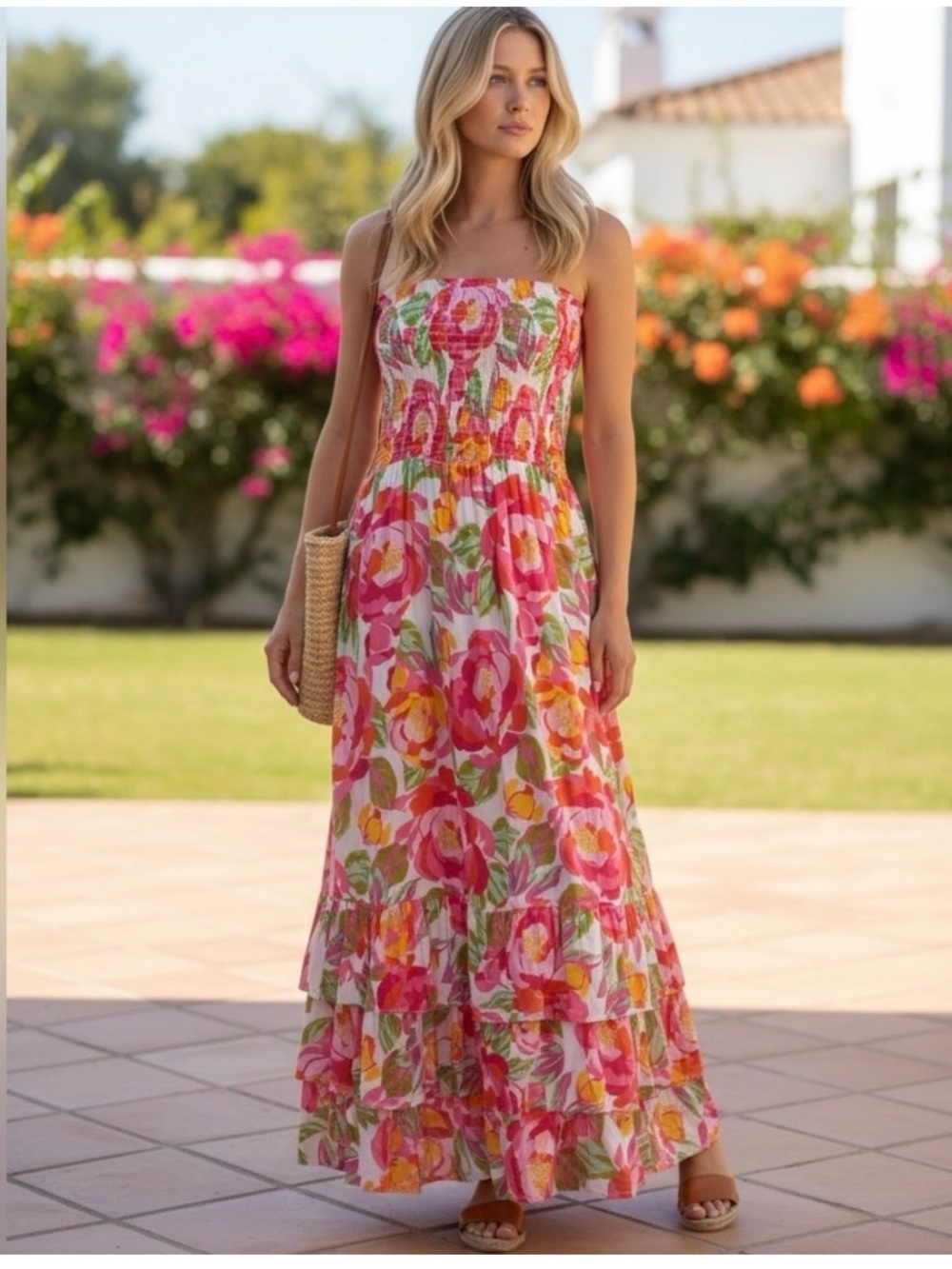 Abel The Label Floral Strapless Tiered Maxi Dress Pink Green XS